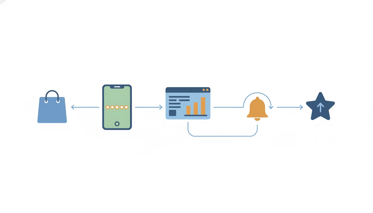 A simple diagram shows customer feedback moving from purchase to survey, dashboard, alert, and review follow-up.