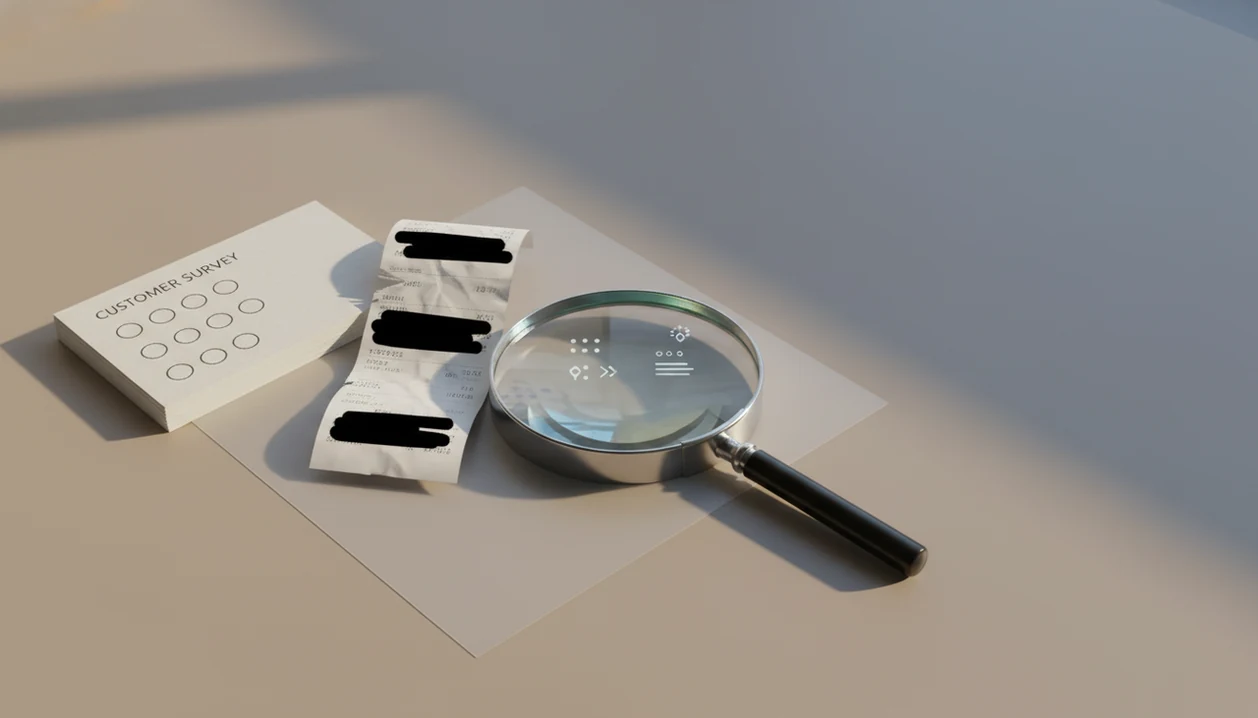 Blank survey cards, a redacted receipt, and a magnifying glass suggest hidden privacy risks in feedback.