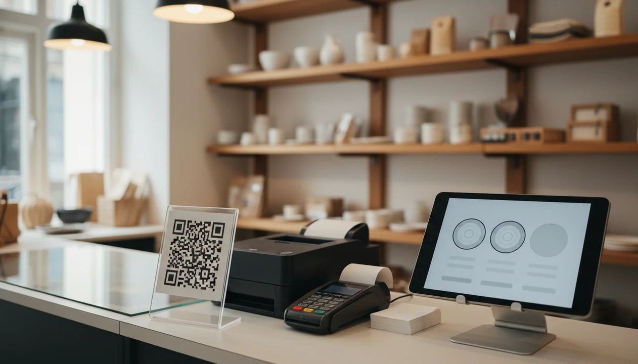 A retail checkout counter with a QR feedback stand, receipt printer, and tablet survey kiosk.