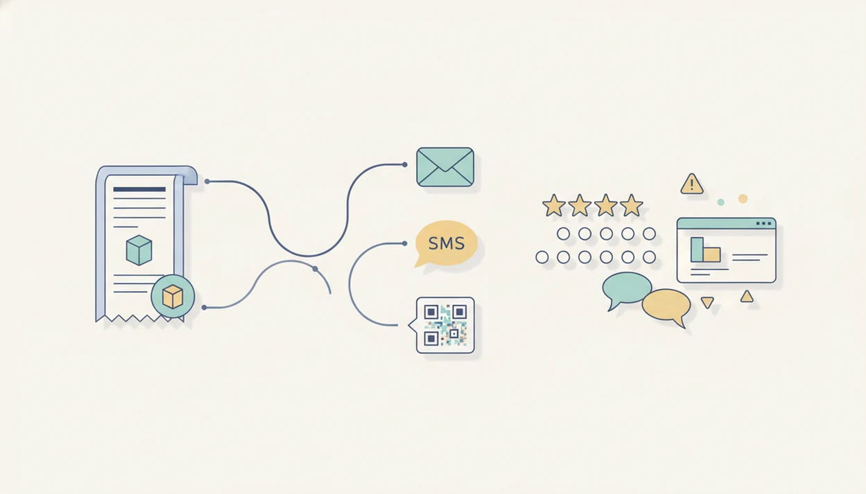 Illustration of a post-purchase workflow sending feedback surveys and collecting ratings in one dashboard.