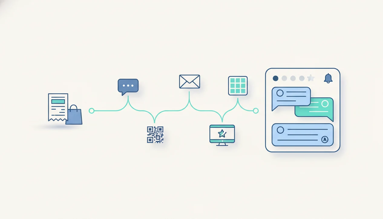 An illustrated workflow shows a purchase triggering survey messages and feedback alerts.