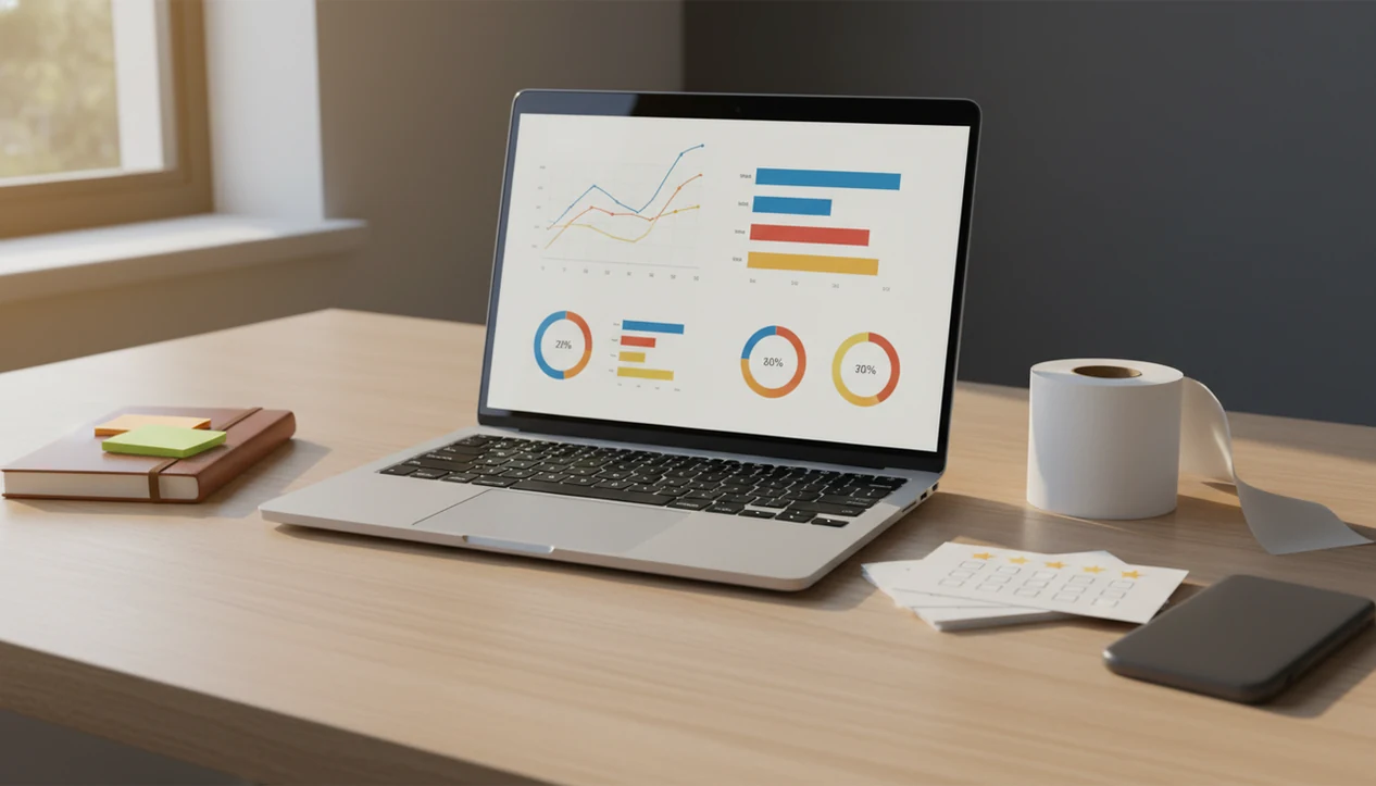 A small business desk with abstract survey analytics, receipts, and follow-up notes arranged for customer tracking.