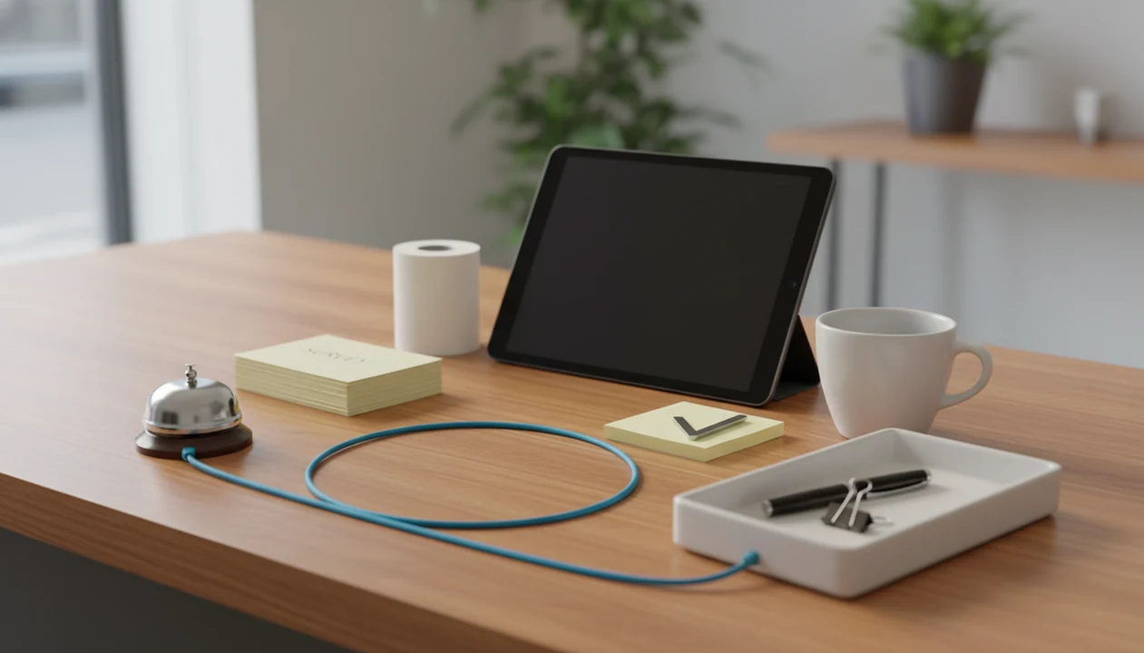A small business feedback workspace with survey cards connected by a blue loop of cord.