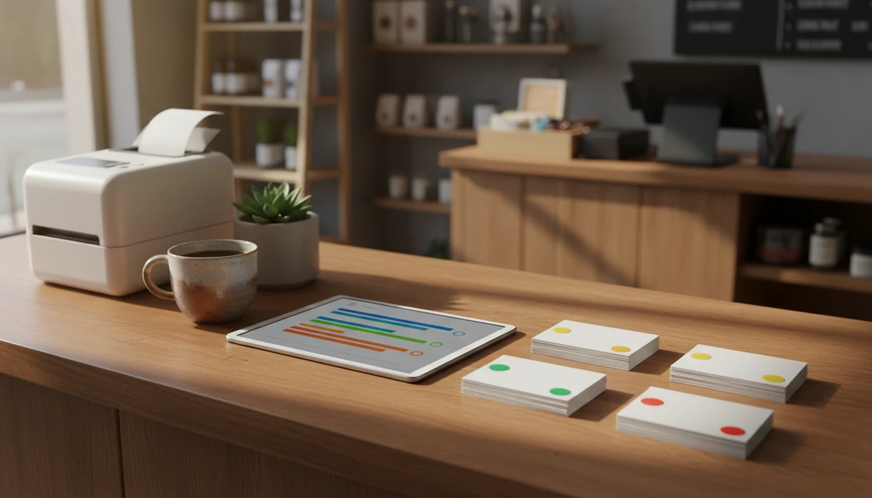 A small business counter shows survey cards sorted by colored dots beside a tablet and receipt printer.