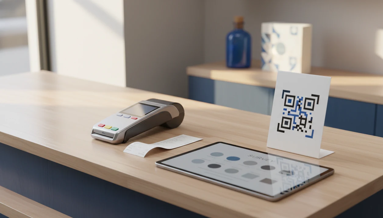 A small business checkout counter with a receipt, card reader, QR card, and tablet for customer feedback.