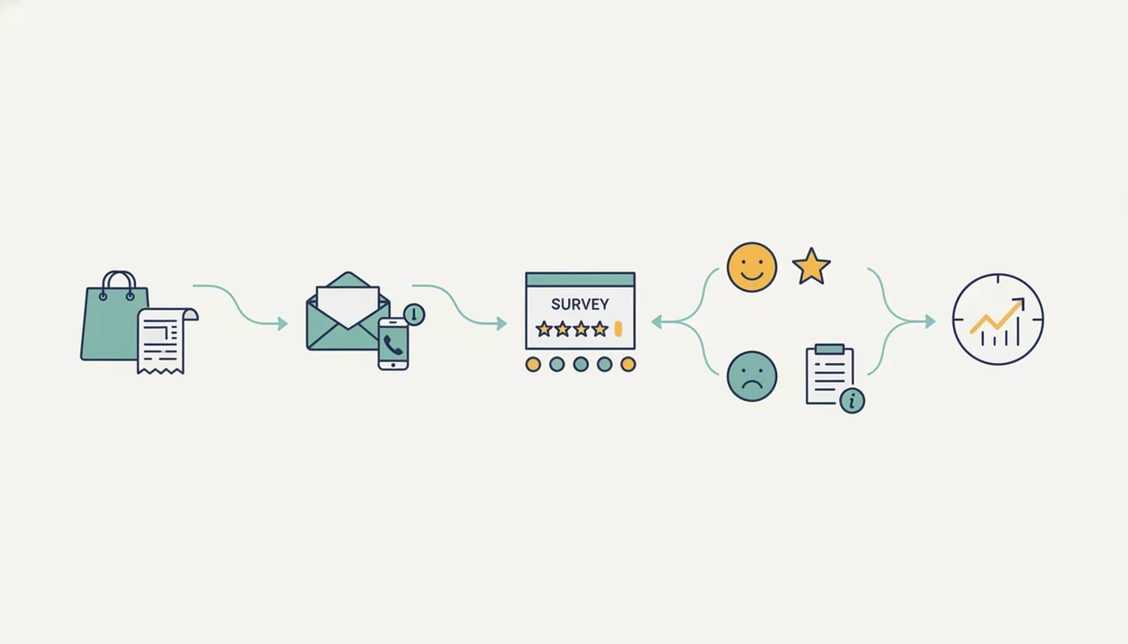 A simple diagram shows purchase, survey delivery, ratings, follow-up routing, and analytics.