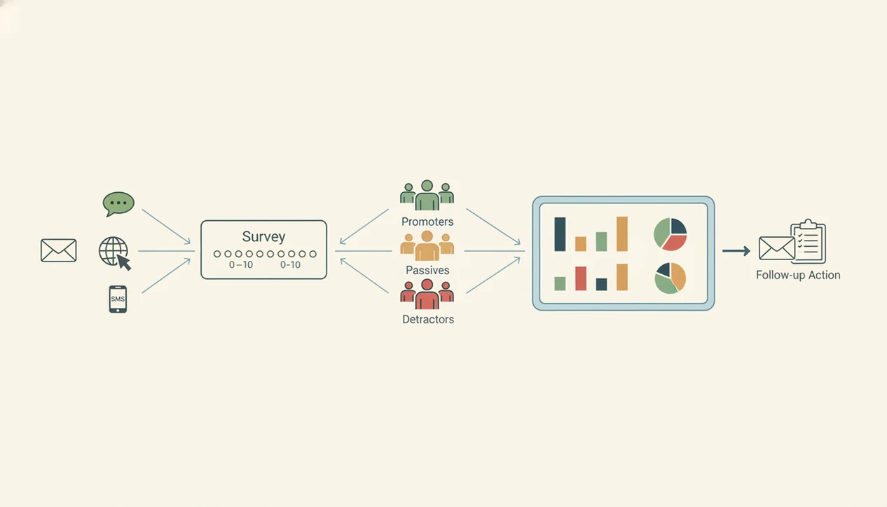 A simple diagram shows NPS responses flowing into segments, reports, and follow-up actions.