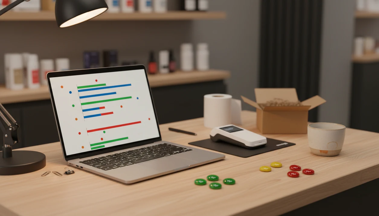 A small business counter shows survey feedback tools beside checkout and shipping items.