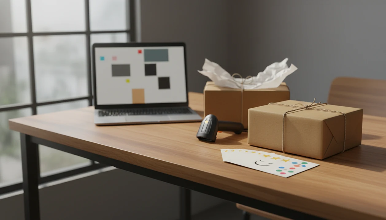 A packing table with parcels, feedback cards, and a laptop suggesting post-purchase survey workflows.