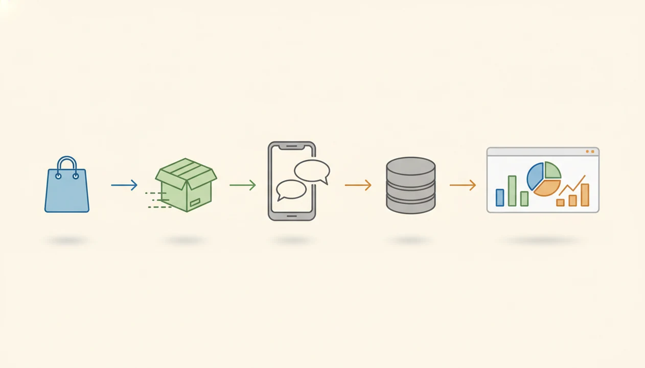 A simple diagram shows an order moving through delivery, survey collection, and feedback reporting.