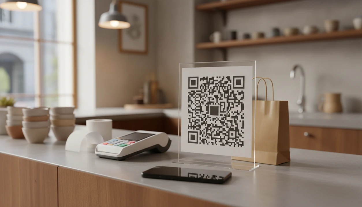 A QR feedback sign sits on a small business checkout counter beside a phone, receipt roll, and card reader.