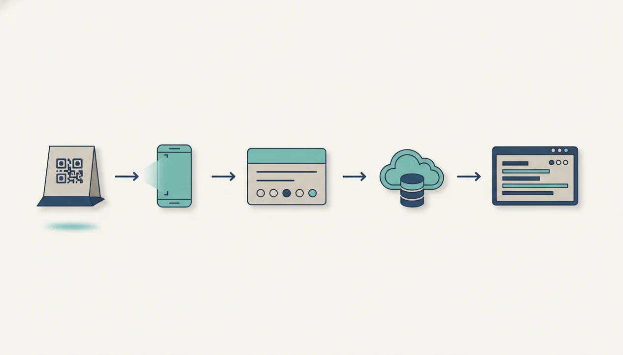 A simple diagram shows QR scanning flowing into a mobile survey, data storage, and a feedback dashboard.
