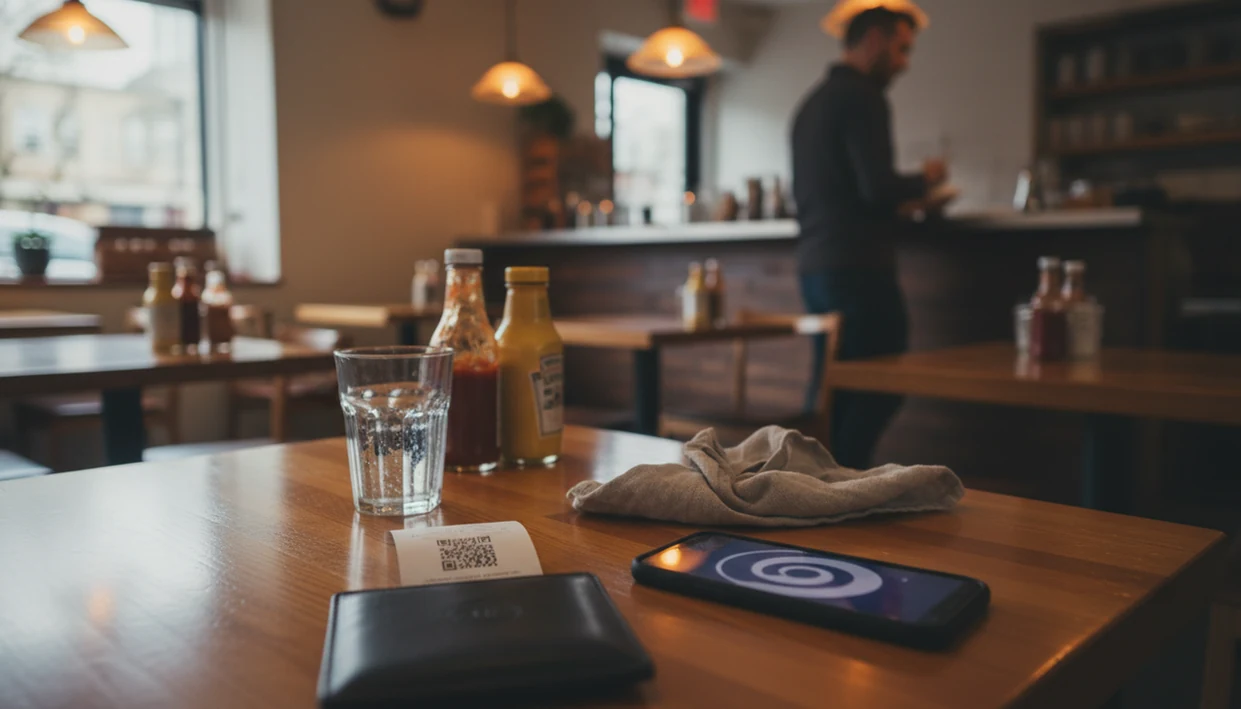 A restaurant table shows a receipt QR code and phone survey as staff work softly in the background.