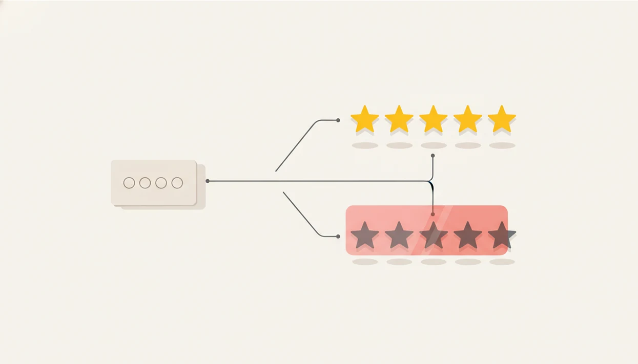 A branching review funnel shows positive reviews favored while negative feedback is blocked by a warning barrier.