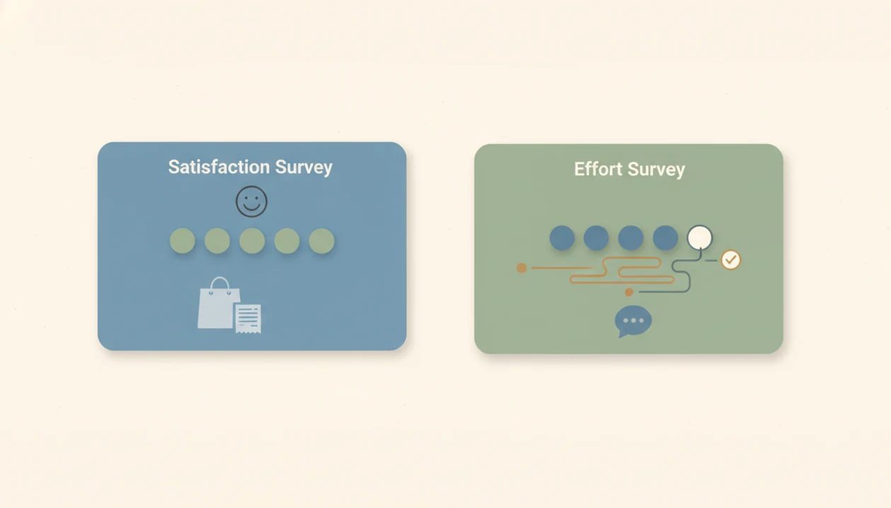 A split illustration contrasts customer satisfaction ratings with customer effort and friction signals.