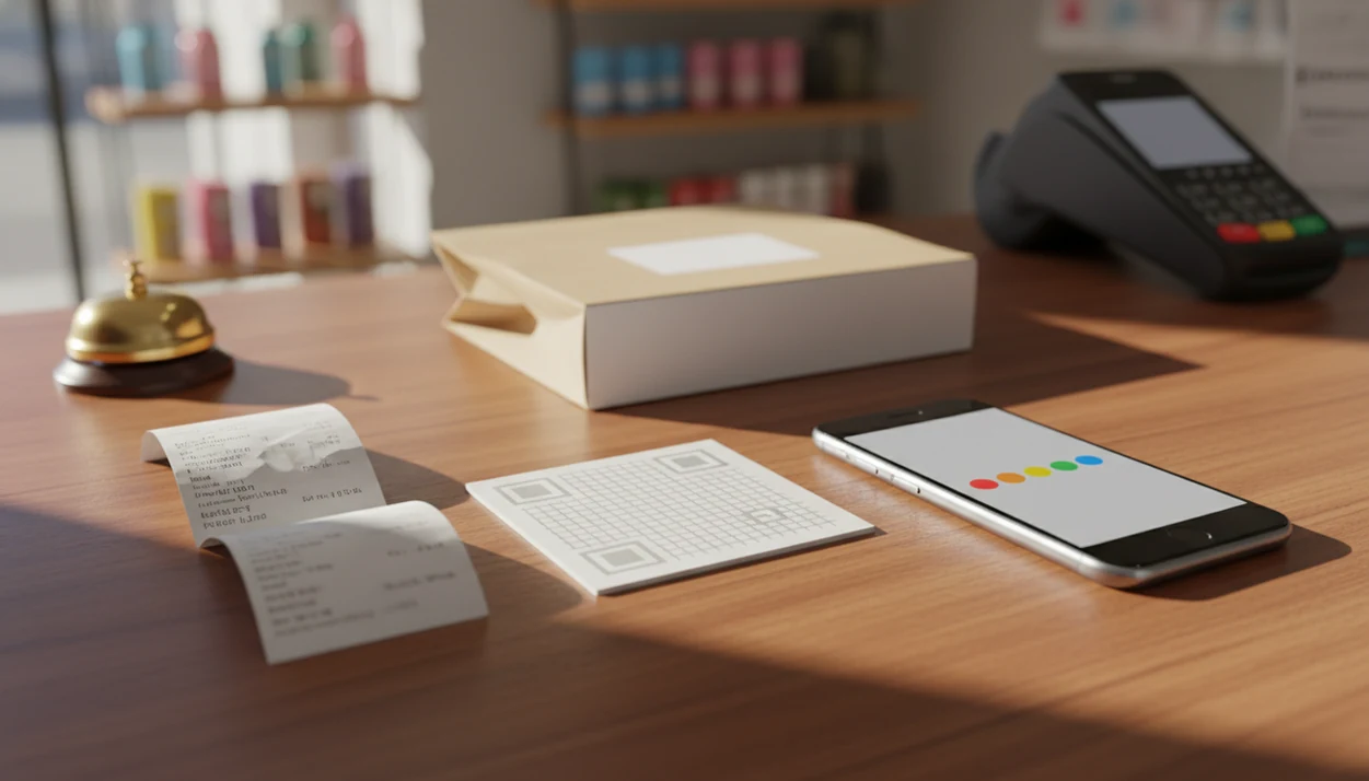 A receipt, survey card, and phone on a small business counter suggest post-purchase feedback follow-up.