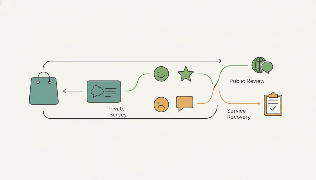 A simple branching diagram shows happy customers moving to reviews and unhappy customers to recovery.