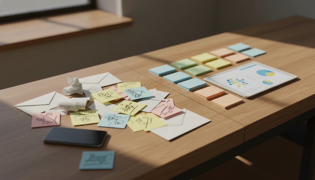 Scattered customer notes become organized survey cards and feedback trends on a small business counter.