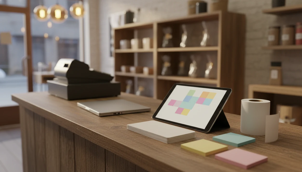 A small business counter with survey cards, notes, and abstract charts arranged for reviewing customer feedback.