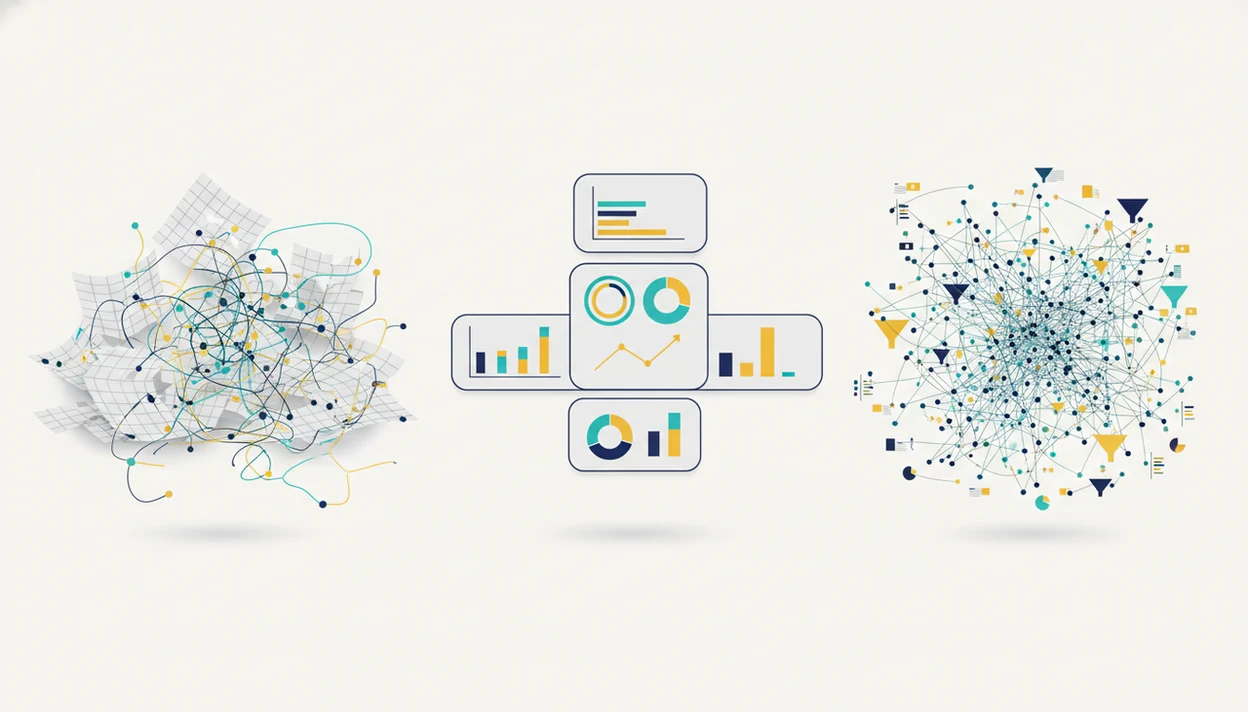 An illustration contrasts messy sheets, a simple dashboard view, and overly complex analytics diagrams.