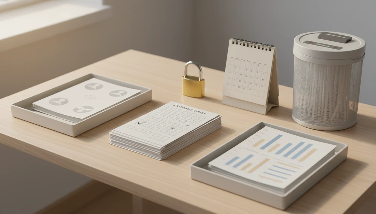 A desk still life shows survey cards, a calendar, a lock, trays, and shredded paper for data retention.