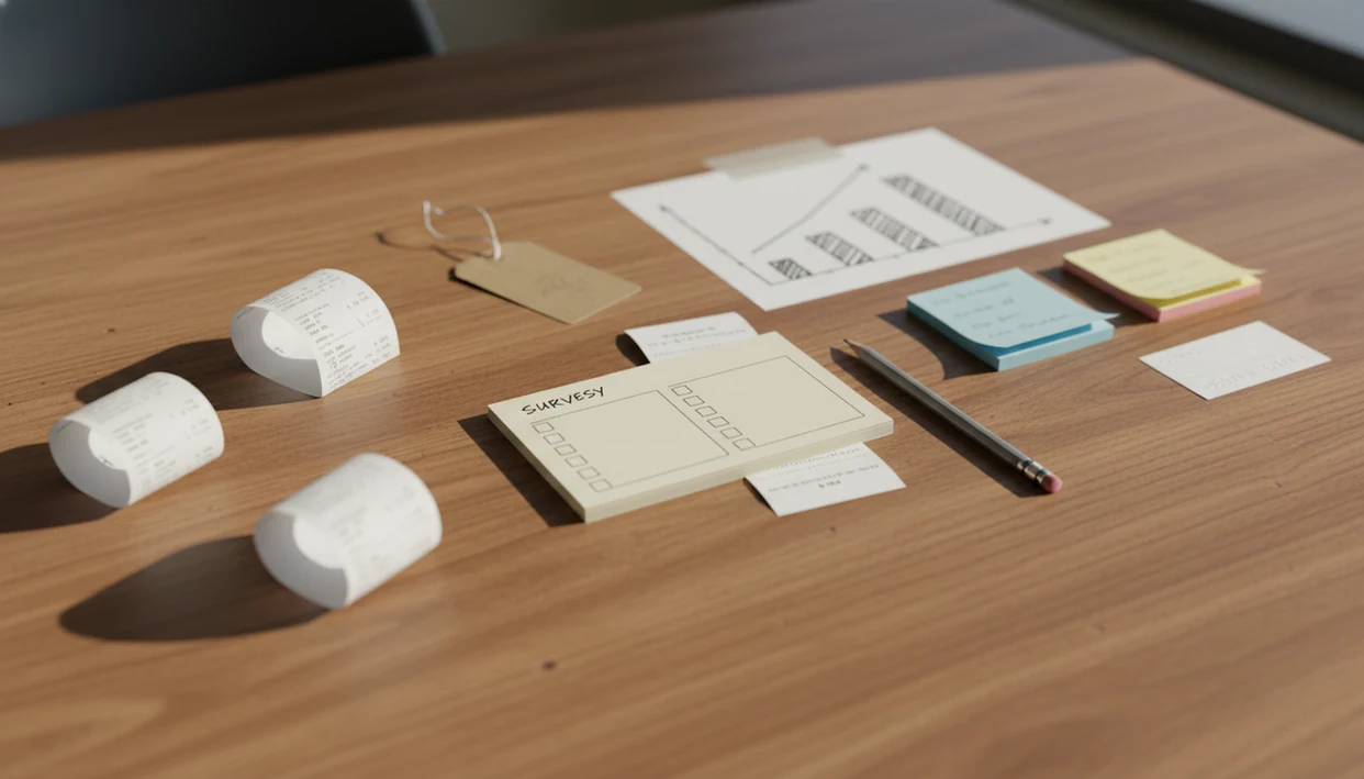 A small-business table shows survey cards, receipts, sticky notes, and a simple chart used to review customer feedback.