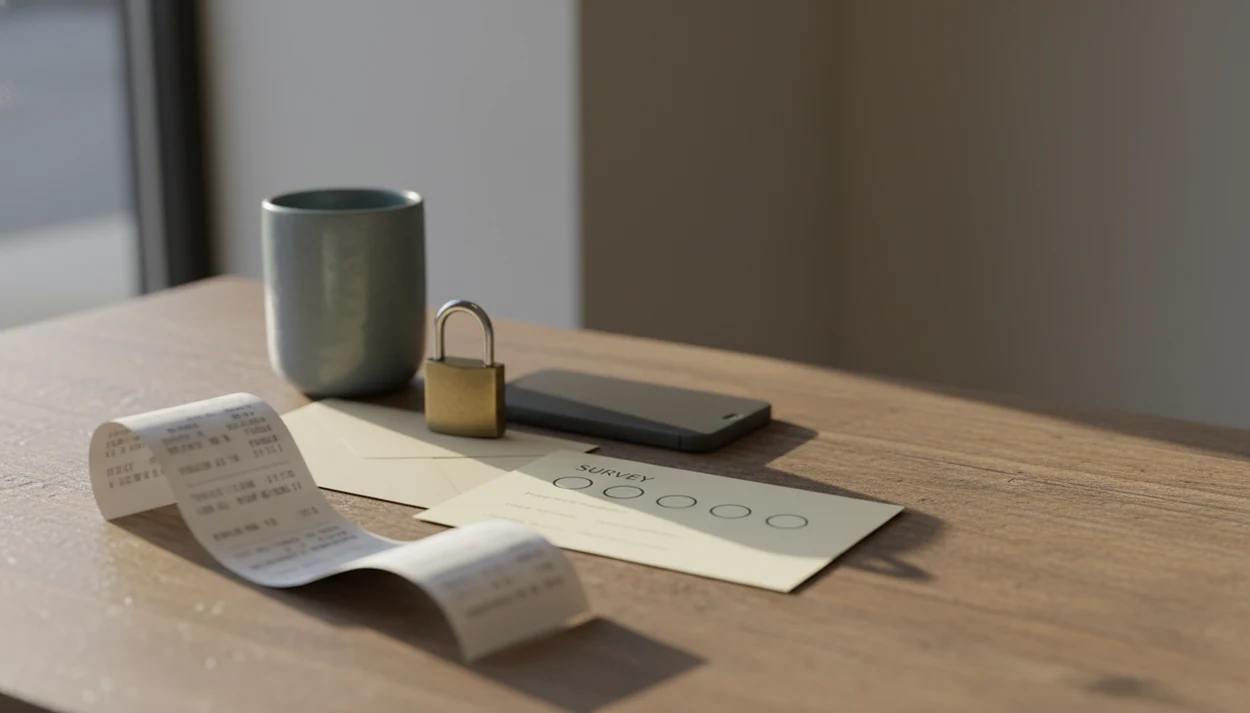A receipt, survey card, sealed envelope, and padlock sit on a small business checkout counter.
