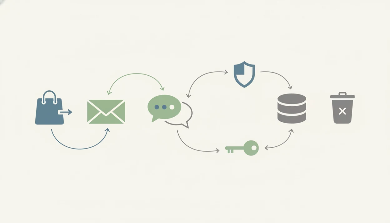 A simple icon diagram shows survey feedback moving through storage, access control, and deletion steps.