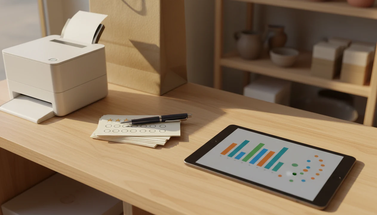 A small business counter shows blank survey cards, a pen, receipts, and a tablet with abstract feedback data.