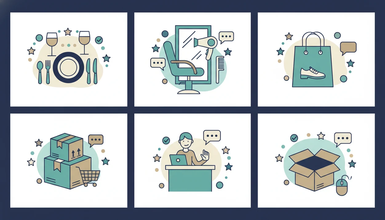 An illustrated grid shows different small business types paired with abstract survey and rating symbols.