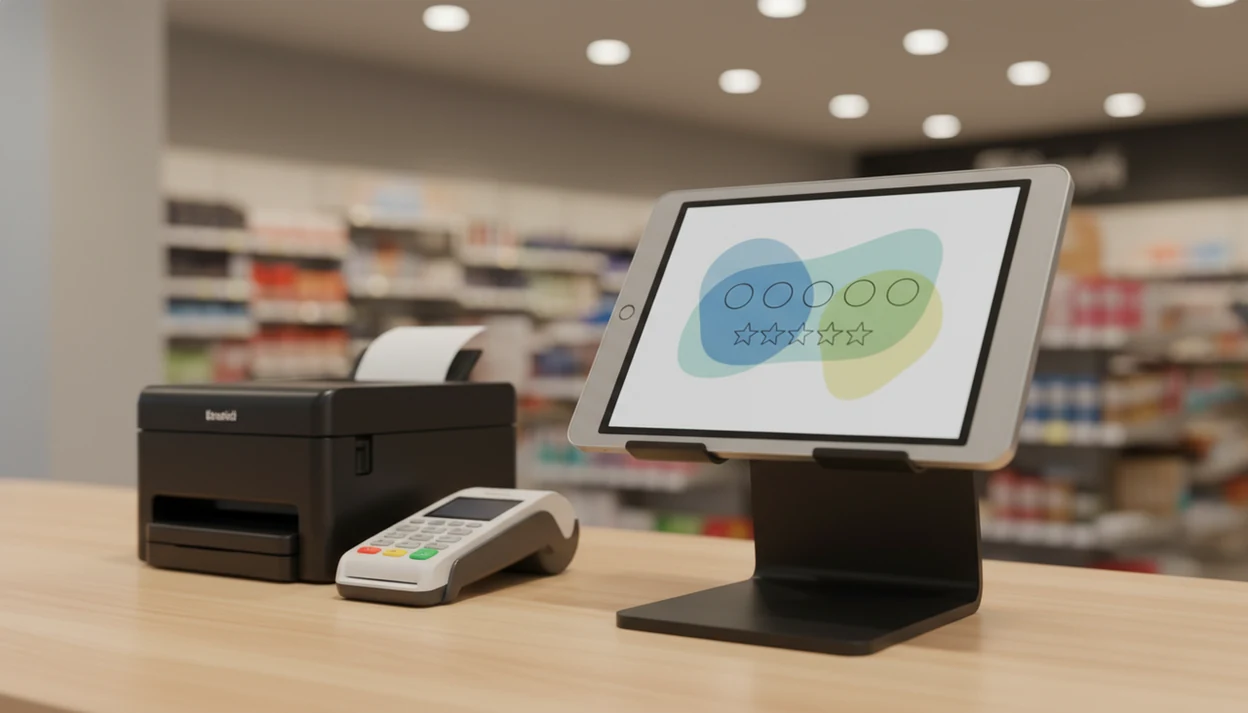 An Android tablet in kiosk mode collects customer feedback at a small business checkout counter.