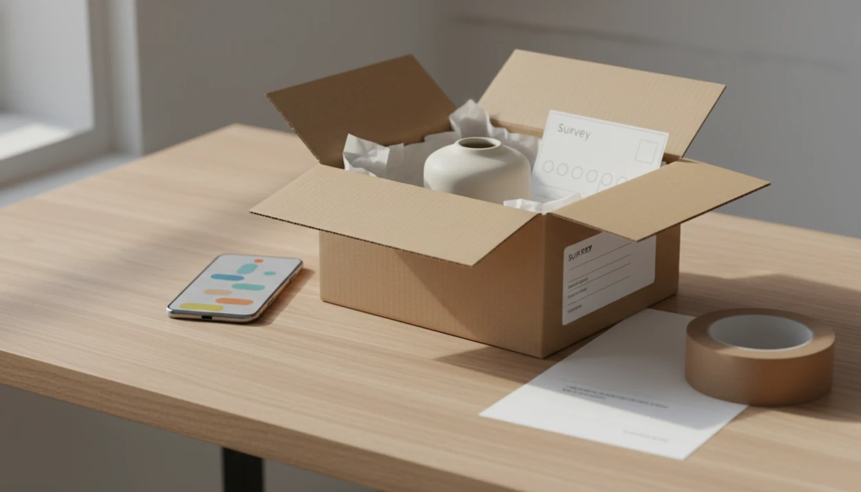 An opened ecommerce package sits beside a phone and blank survey card on a small business packing desk.