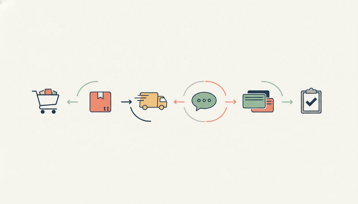 A simple visual flow shows order events turning into survey responses and follow-up actions.