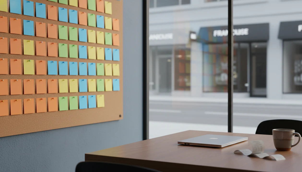 A franchise operations board organizes blank customer feedback cards by location in a modern office.