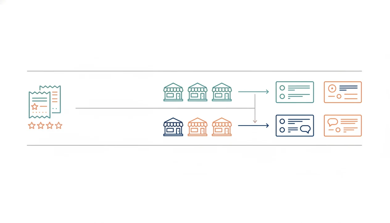 A simple diagram shows survey responses flowing into separate location reports for franchise stores.