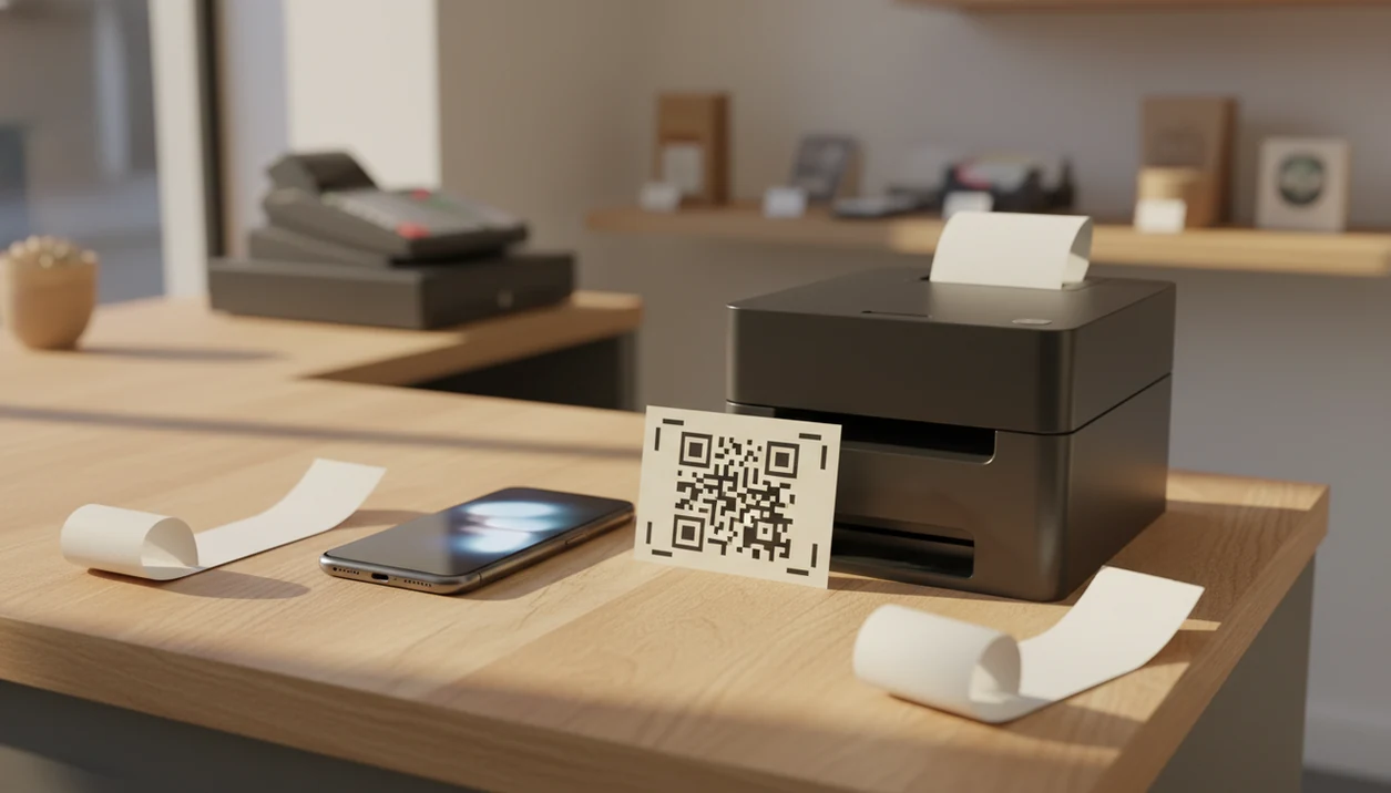 An iPhone on a small business checkout counter beside receipts and a survey QR card.