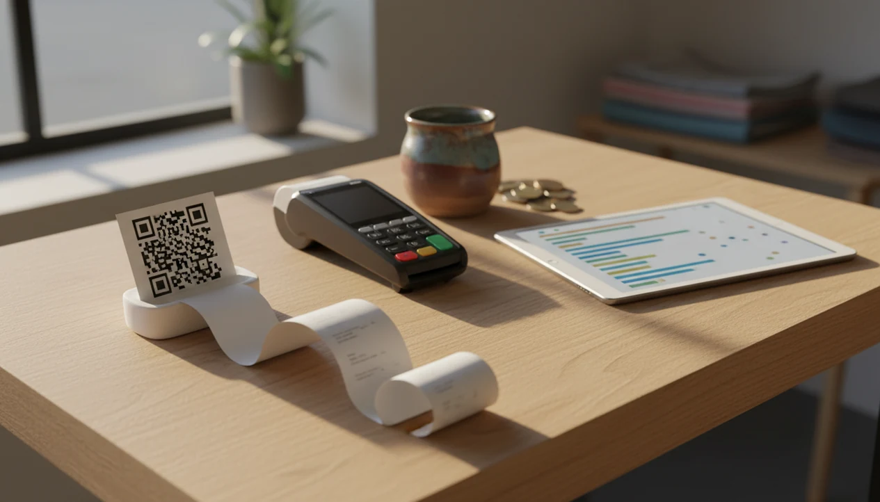 A small shop checkout counter shows a receipt, payment terminal, QR card, and simple feedback dashboard.
