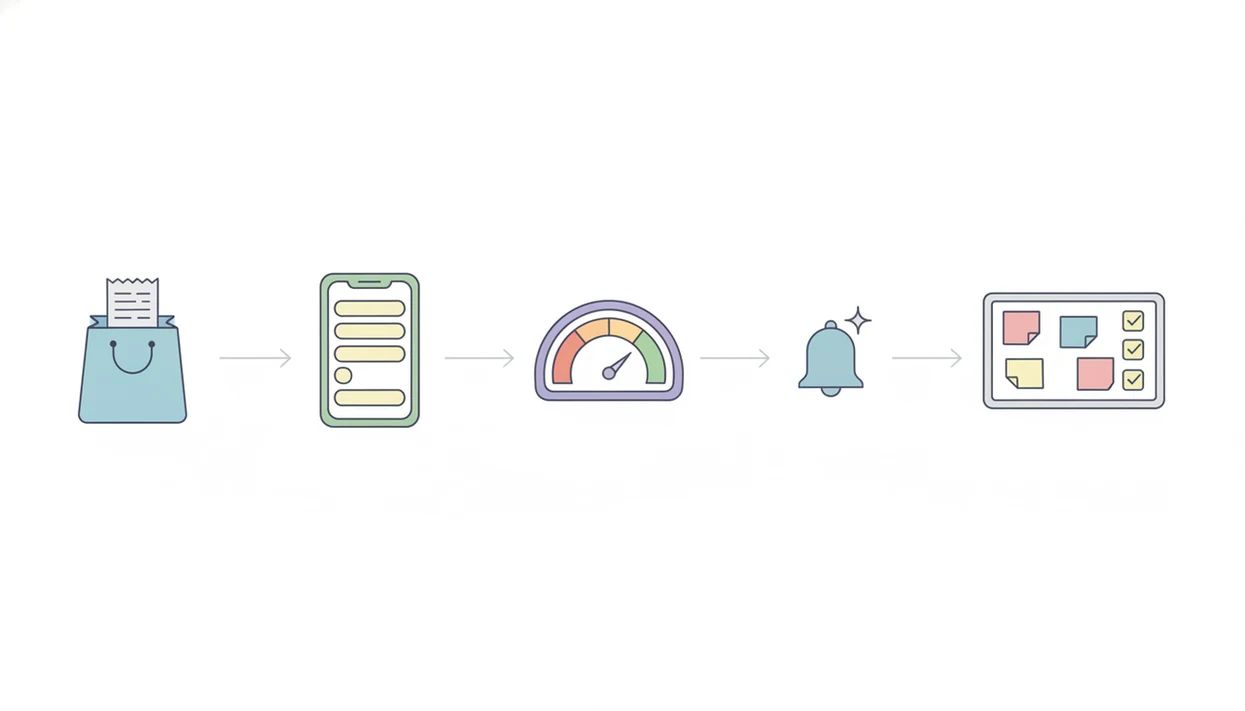 A simple five-step diagram shows purchase feedback moving from survey to score, alert, and weekly review.