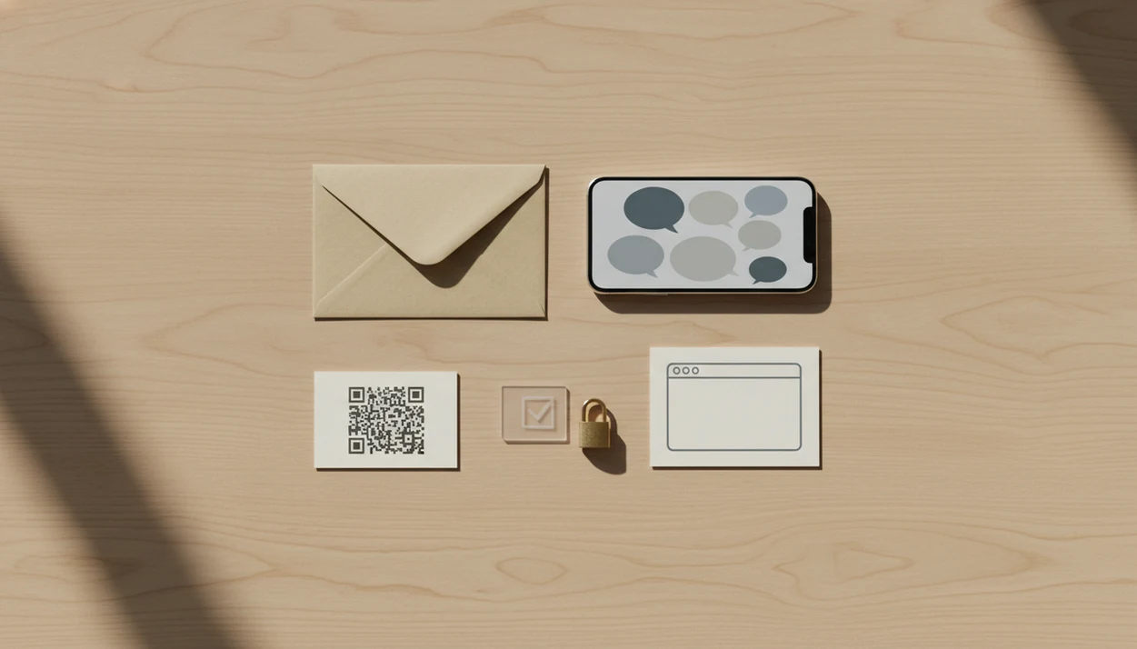 A flat lay shows survey invitation channels arranged around a consent checkbox and small padlock.