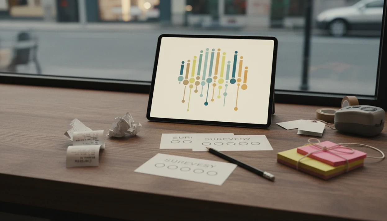 A small business counter shows survey cards, abstract feedback data, and notes organized into actions.