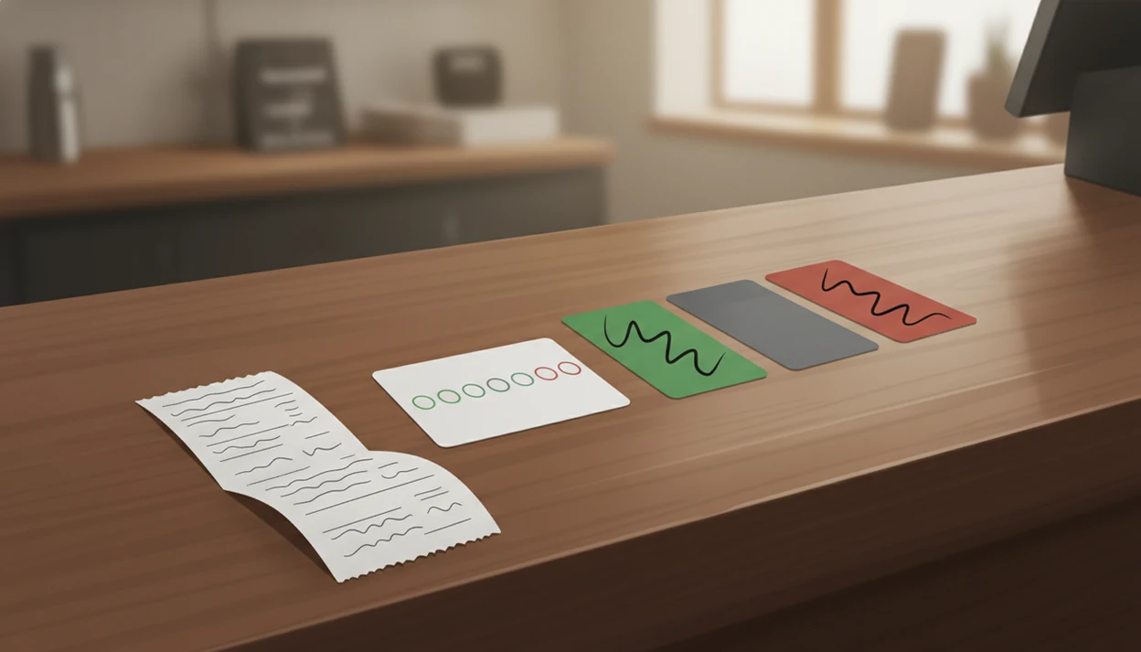 A small business counter shows survey cards with rating dots and customer feedback signals.