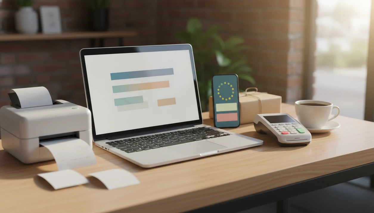 A laptop and phone on a checkout counter suggest a small business collecting customer survey feedback.