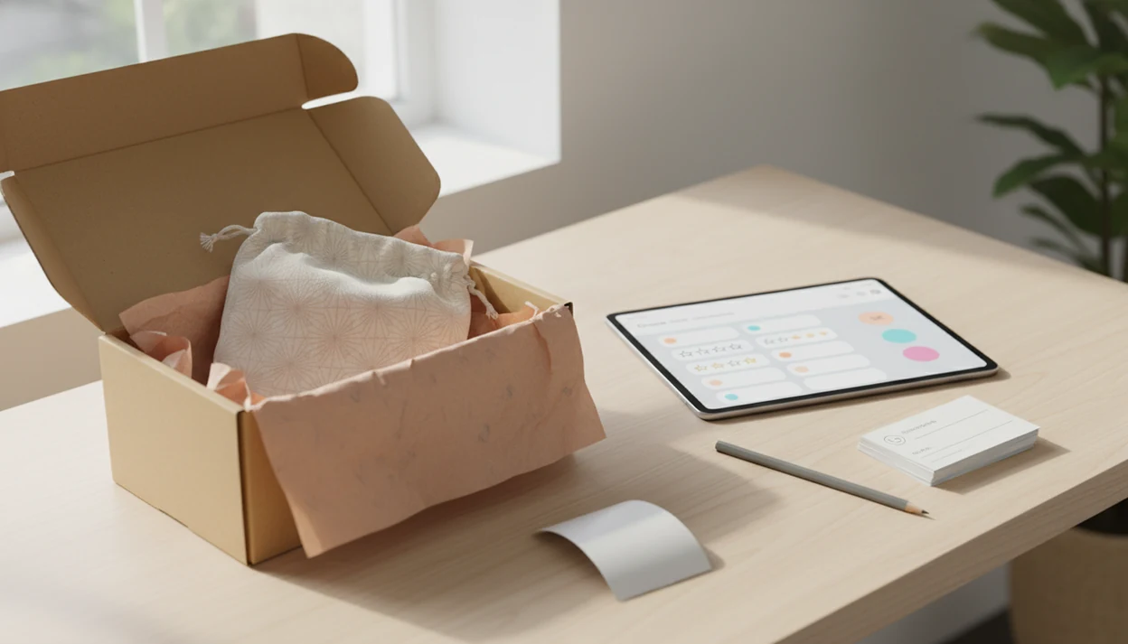 A packing station shows an order box, receipt, and tablet with abstract post-purchase survey feedback elements.