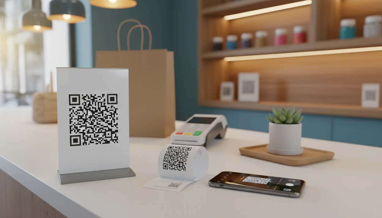 A store counter shows QR feedback materials beside a smartphone ready for customer survey scanning.