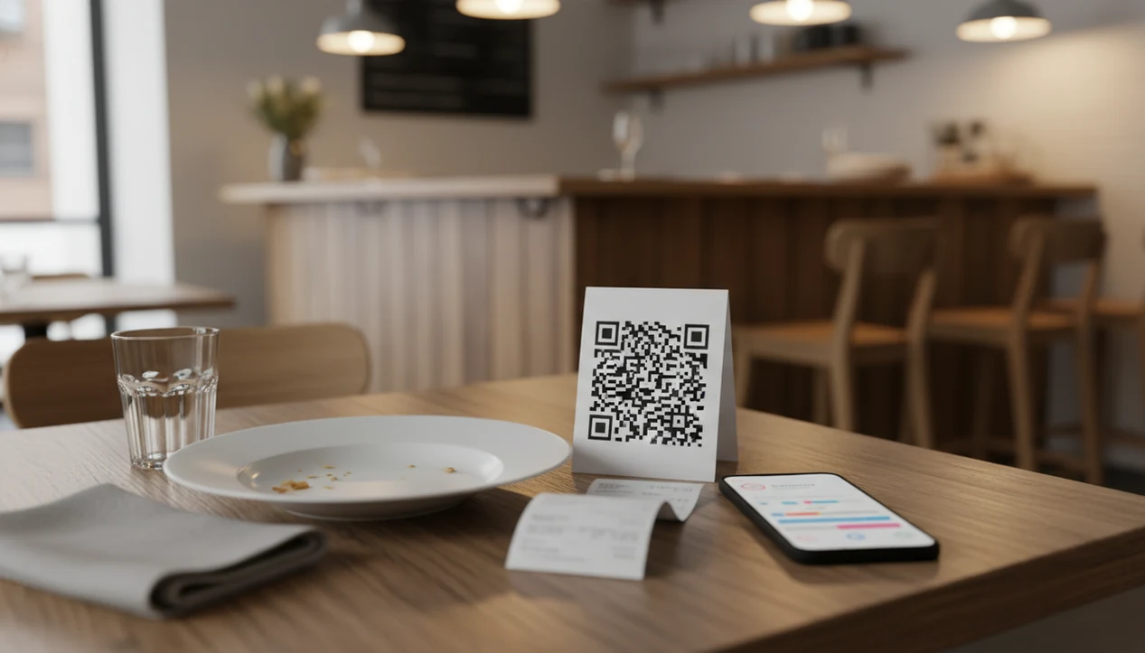 A restaurant table shows a QR feedback card, receipt, and phone ready for a guest survey.