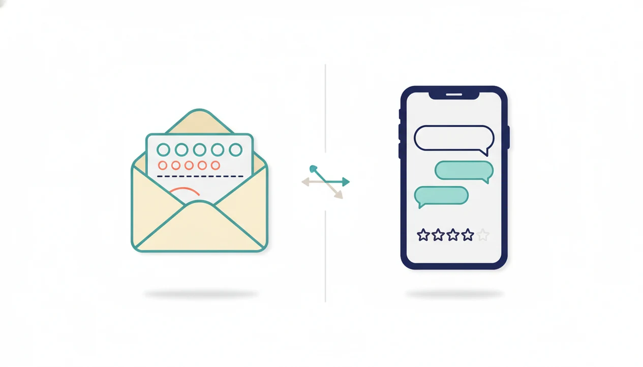 A split illustration compares email survey elements with SMS chat bubbles for customer feedback.