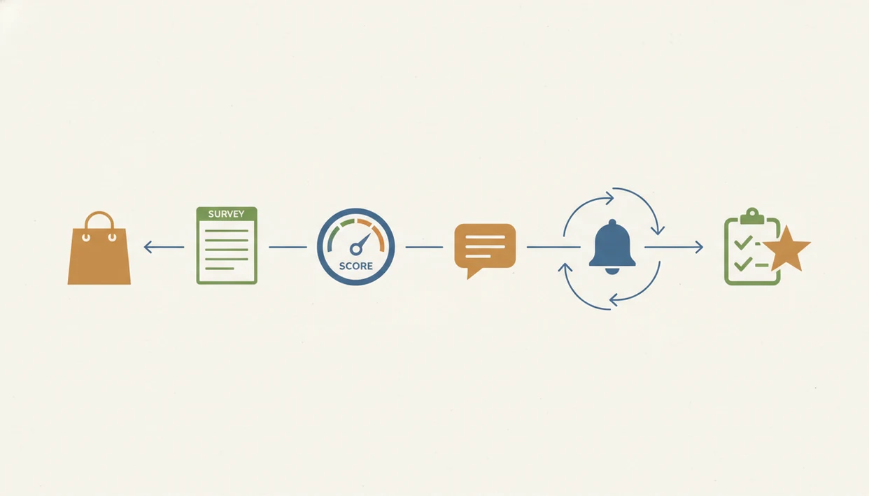 A simple illustrated workflow connects purchase, survey, score, comment, alert, follow-up, and review steps.