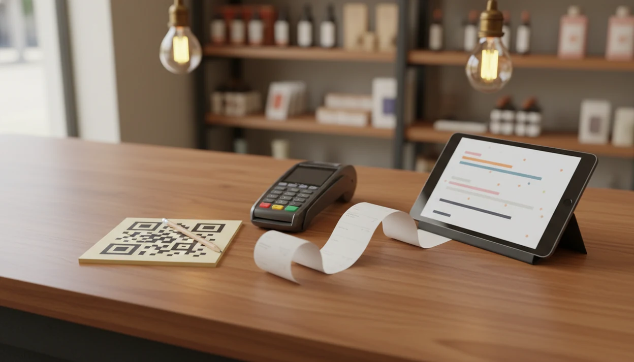 A checkout counter shows a receipt, payment terminal, feedback card, and tablet for post-purchase surveys.