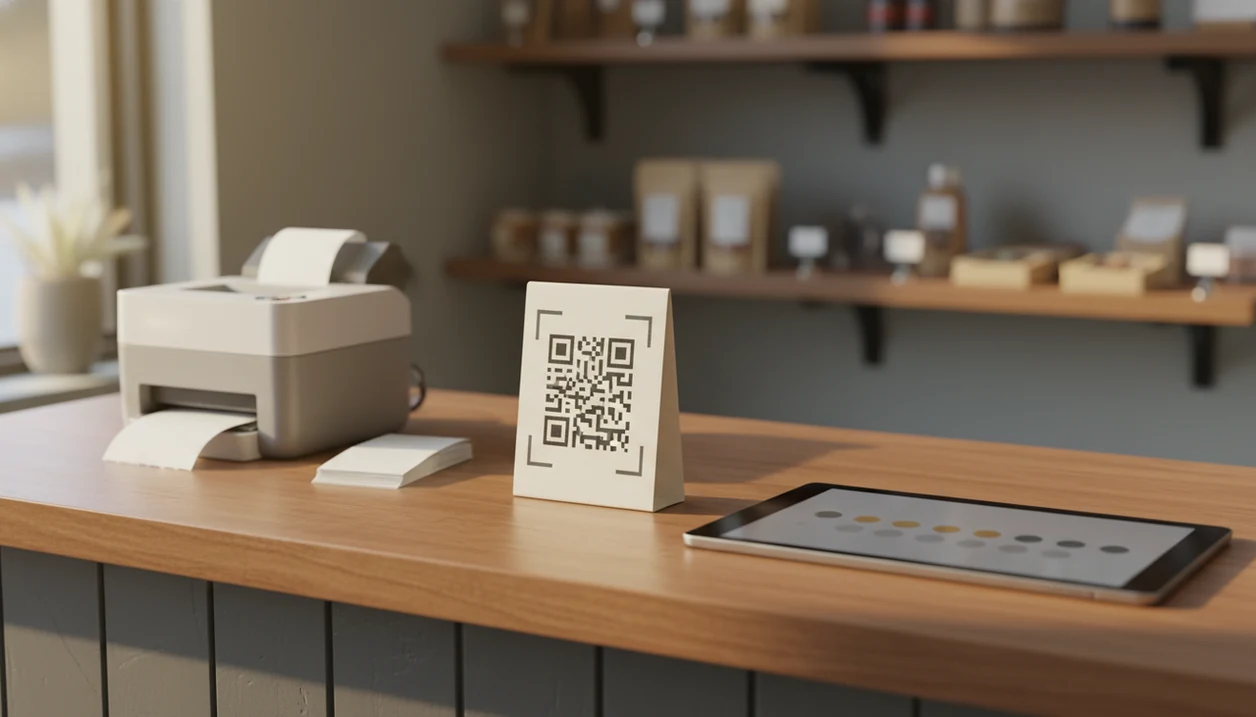 A small shop counter shows receipts, a survey card, and a tablet ready for post-purchase NPS feedback.