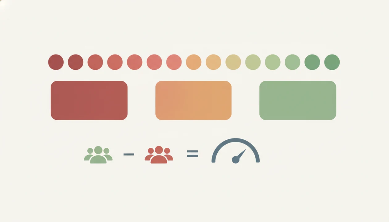 A simple diagram uses colored rating dots and icons to show how NPS separates detractors and promoters.